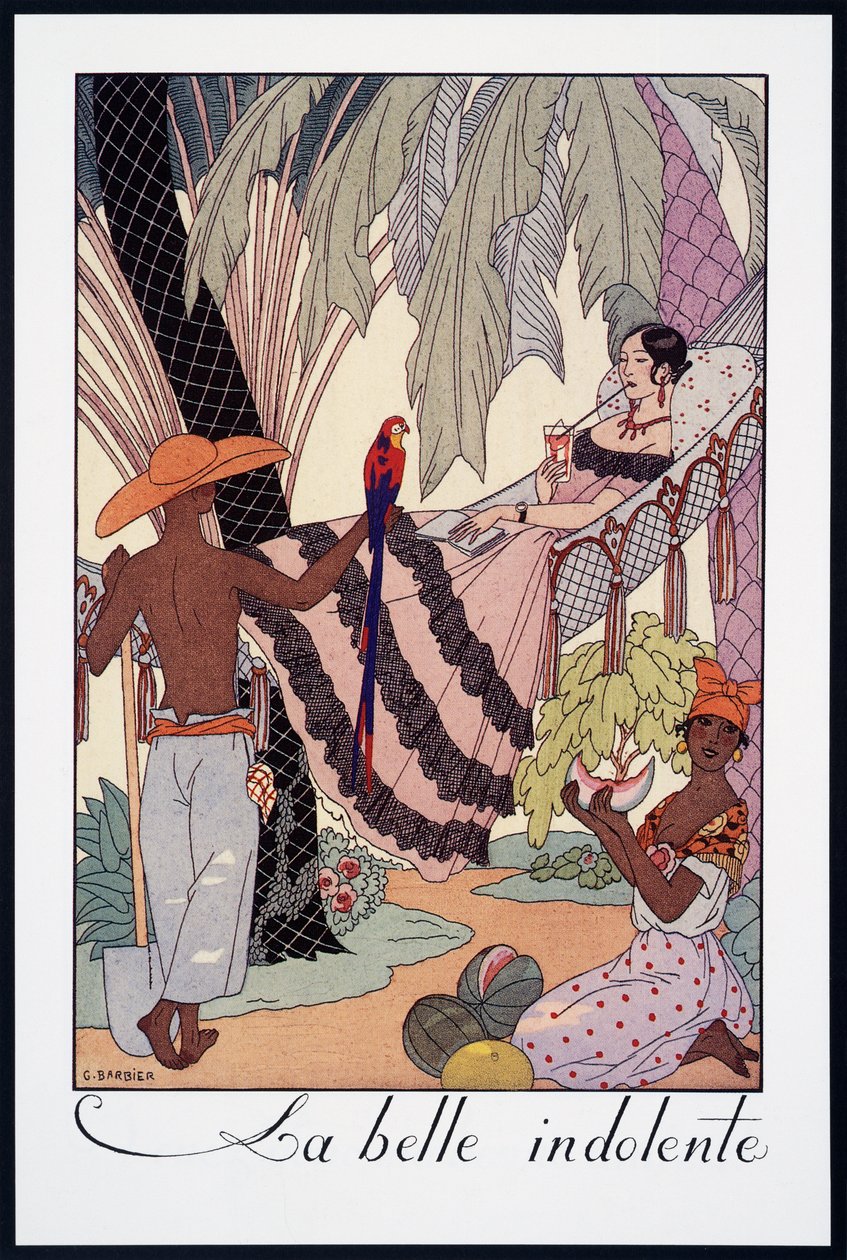 La Belle Indolente, litografi af George Barbier (1882-1932), fra Falbalas et Fanfreluches, Almanach des Modes Presentes, Passees et Futures, Frankrig, 20. århundrede af Georges Barbier