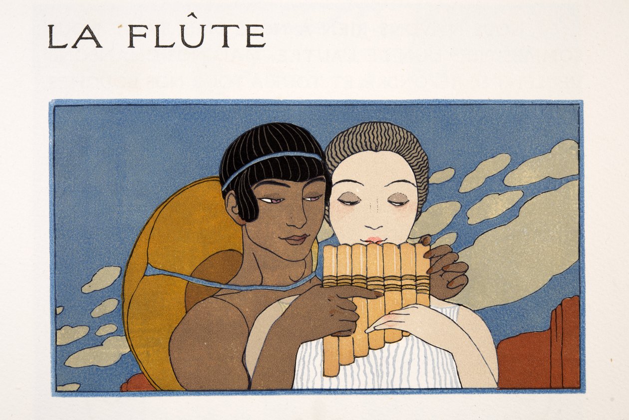 Fløjten, illustration fra Les Chansons de Bilitis, af Pierre Louys, pub. 1922 (stenciltryk) af Georges Barbier