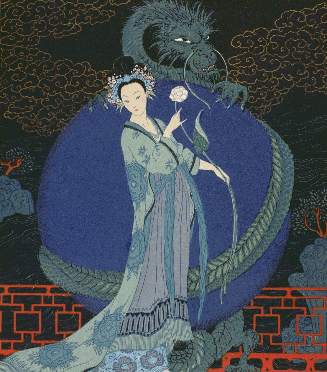 Dame med en drage (farve litho) af Georges Barbier