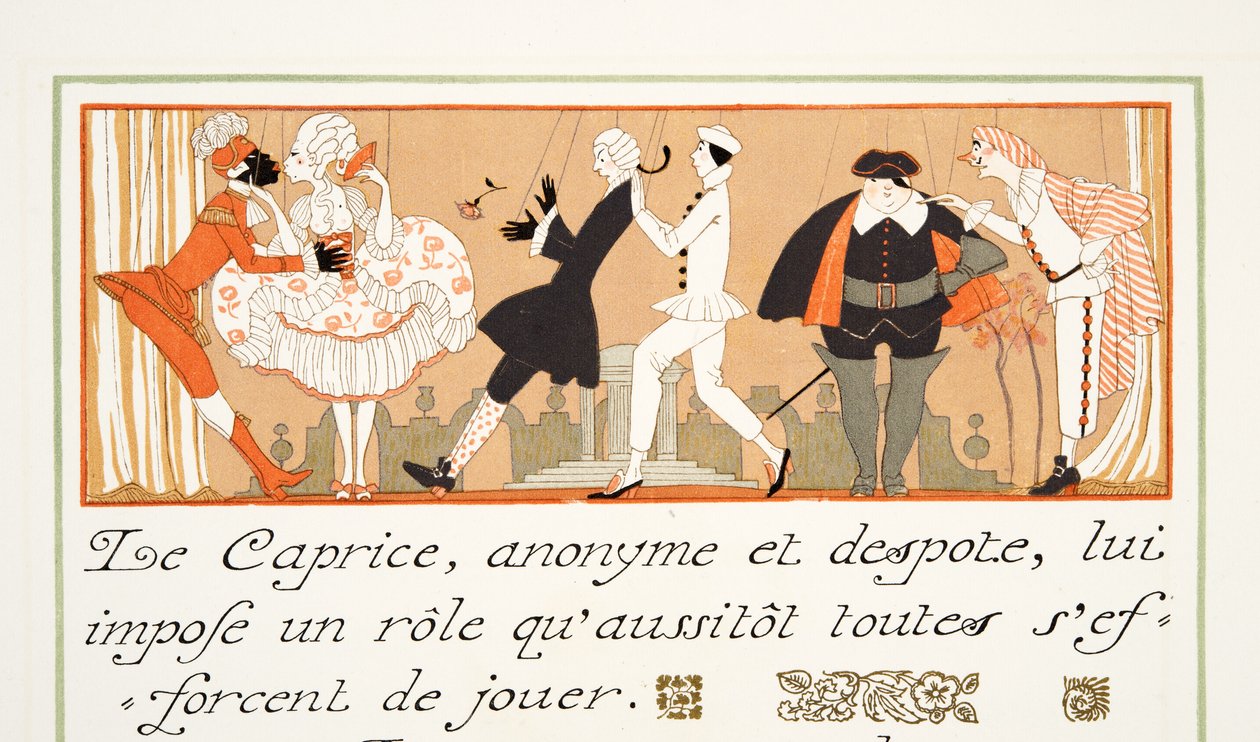 Le Caprice, fra Personages de Comedie, pub. 1922 (stenciltryk) af Georges Barbier