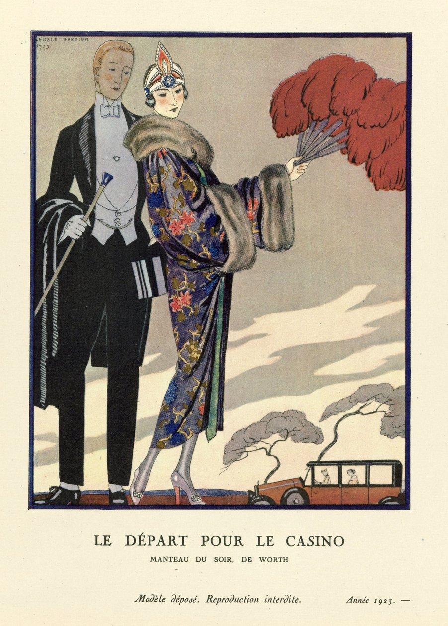 Afgangen til kasinoet, pub. 1923 (stenciltryk) af Georges Barbier