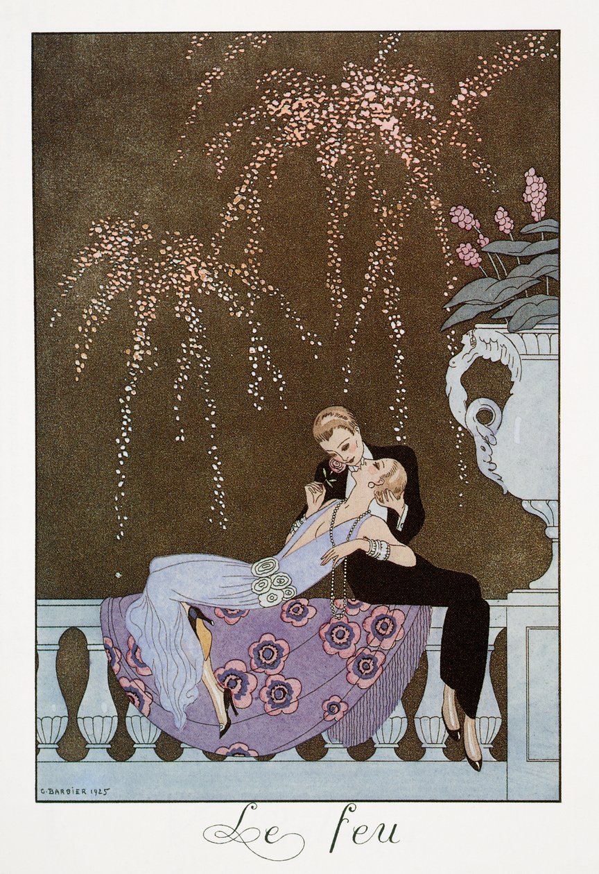 Fire, litografi af George Barbier (1882-1932), fra Falbalas et Fanfreluches, Almanach des Modes Presentes, Passees et Futures af Georges Barbier