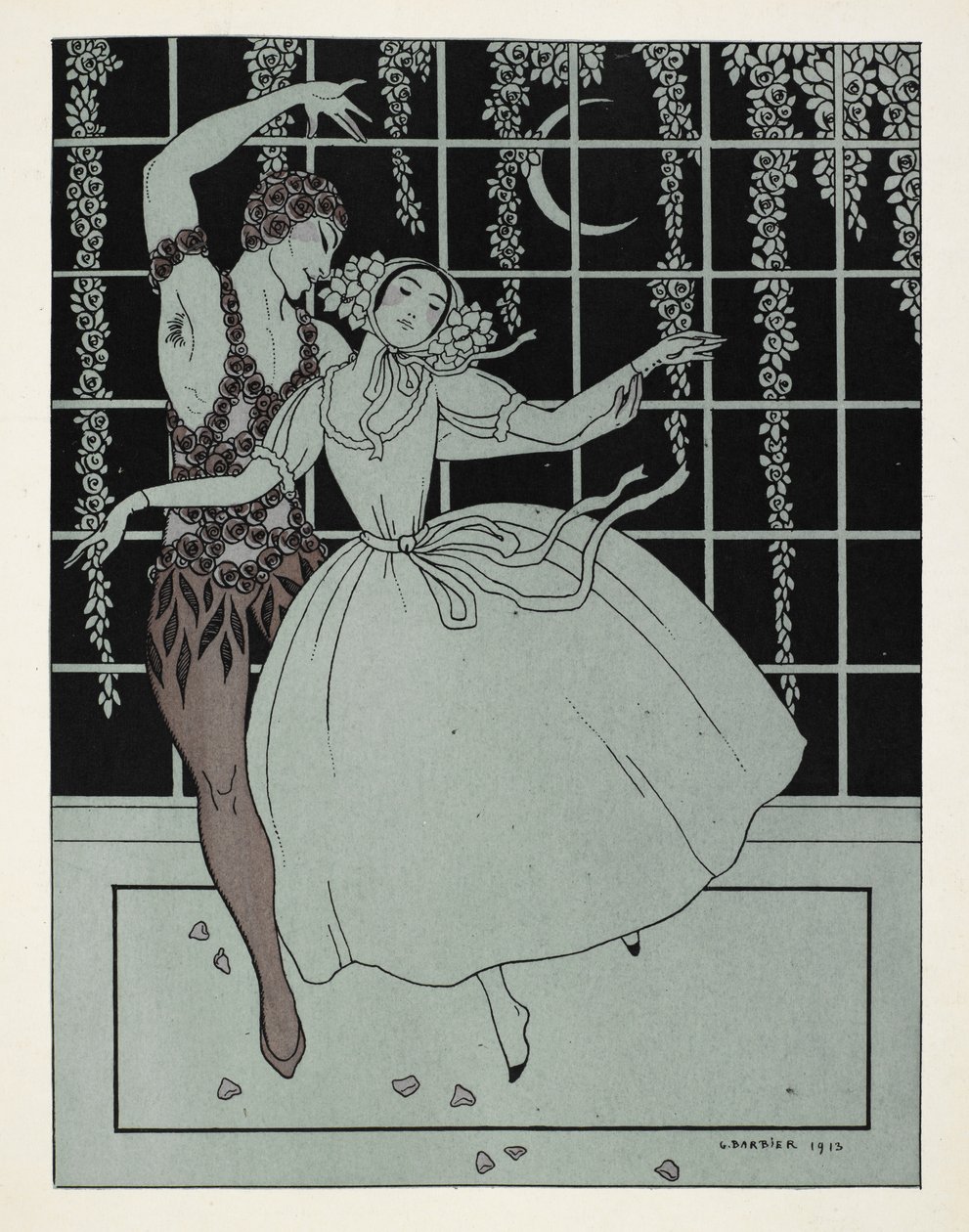 "Le Spectre de la Rose". Billedet har sit navn fra balletten af Ballets Russes baseret på et digt af Théophile Gautier. Danserne ved den originale forestilling var Vaslav Nijinsky som rosen og Tamara Karsavina som pigen, og kan ses danse af Georges Barbier