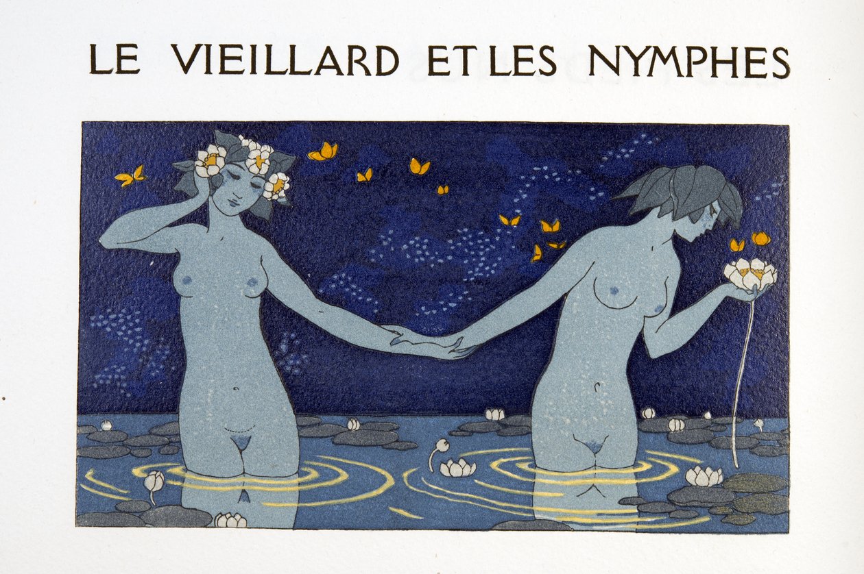 The Old Man and the Nymphs, illustration fra Les Chansons de Bilitis, af Pierre Louys, pub. 1922 (stenciltryk) af Georges Barbier