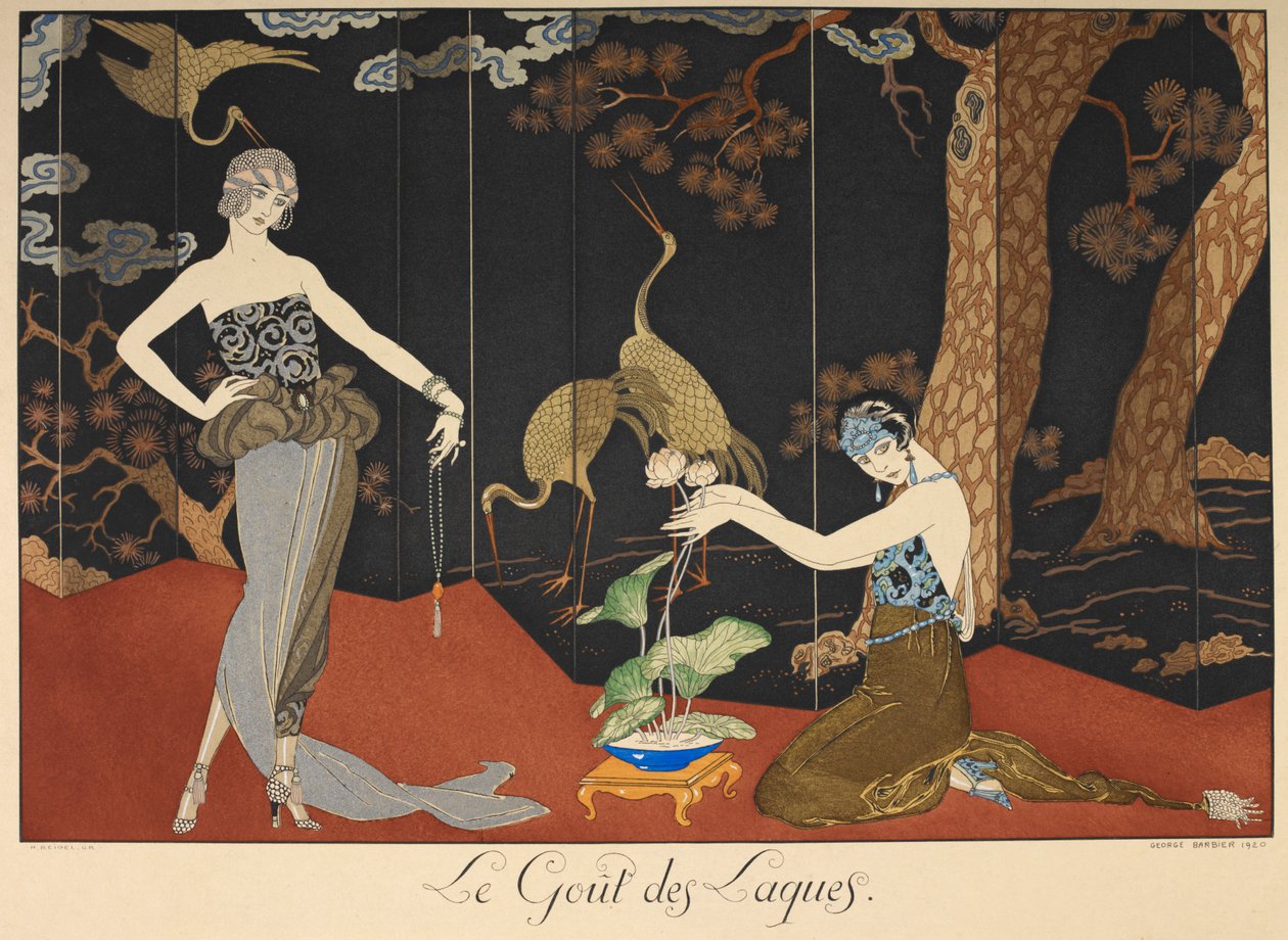 Le gout des laques. Smag af lakker. To kvinder foran en lakeret skærm. af Georges Barbier