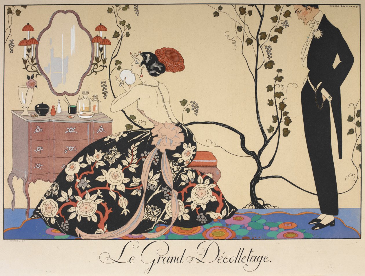 Den store dekolletage. En kvinde sidder ved sit toiletbord, beundret af en mand. af Georges Barbier