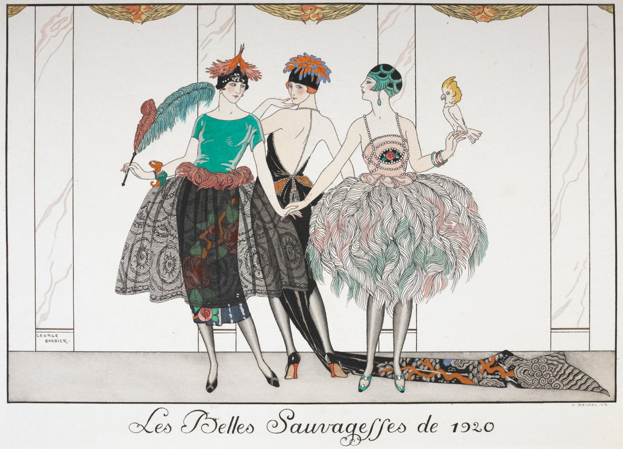 Les Belles Sauvagettes de 1920. Tre kvinder i række iført eksotiske kjoler. af Georges Barbier