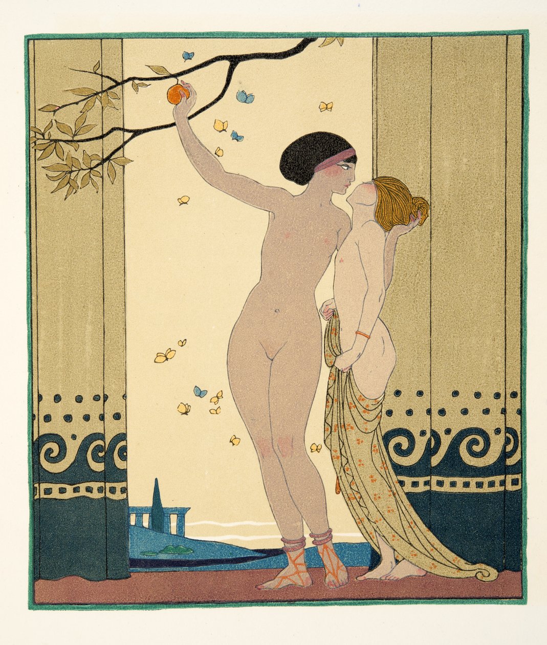 Rådgivning, illustration fra Les Chansons de Bilitis, af Pierre Louys, pub. 1922 (stenciltryk) af Georges Barbier