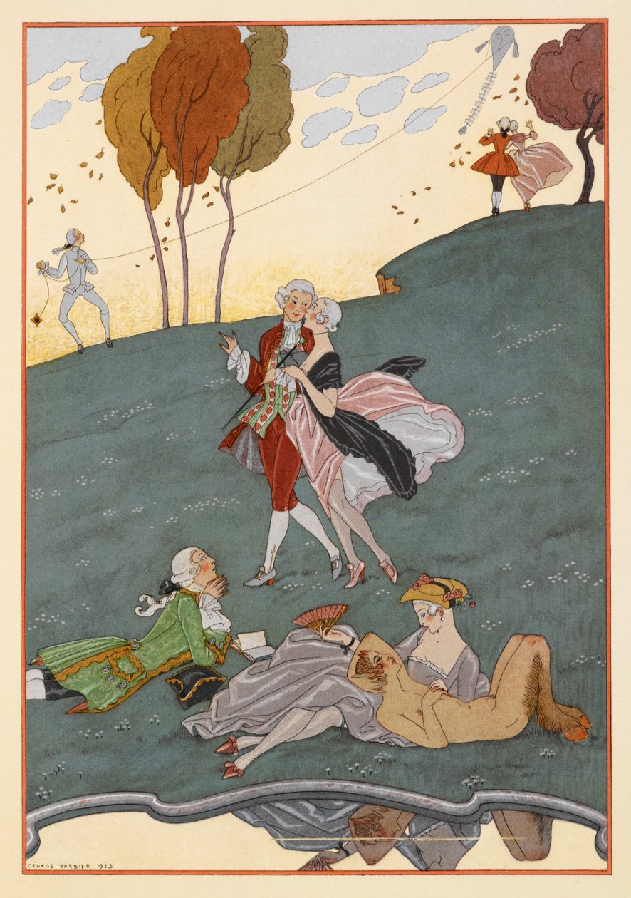 Les Ingenus. En række mænd og kvinder. En mand, der flyver med en drage. En faun. af Georges Barbier