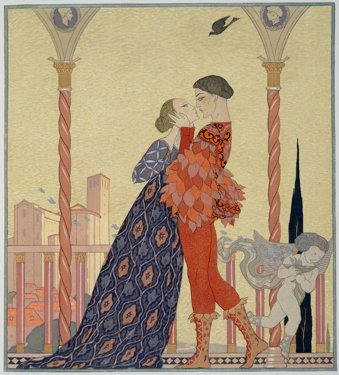Lovers on a Balcony (akvarel på papir) af Georges Barbier