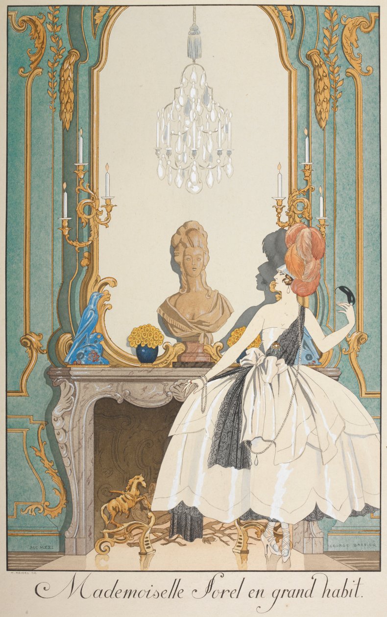 Mademoiselle Sorel i stor vane. En kvinde, der står foran en pejs. af Georges Barbier