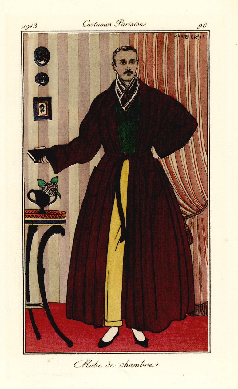 Mand i morgenkåbe over gule bukser og grøn vest. Morgenkåbe. Håndfarvet pochoir (stencil) radering efter en illustration af George Barbier fra Tommaso Antonginis Journal des Dames et des Modes, Aux Bureaux du Journal des Dames, Paris af Georges Barbier