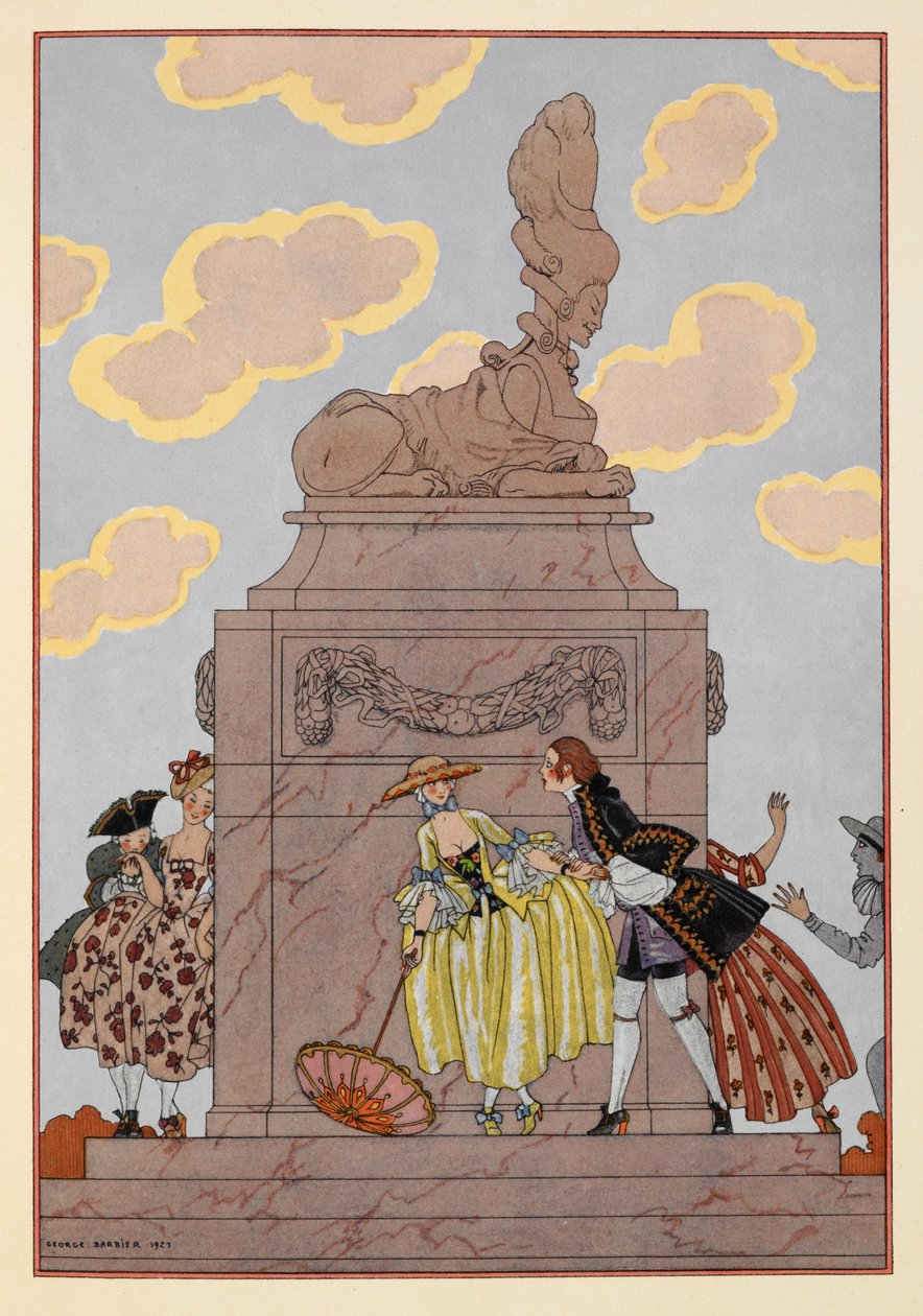 Mandoline. Folk, der står omkring et monument. En kvinde har en parasol. Betydelige skyer. af Georges Barbier