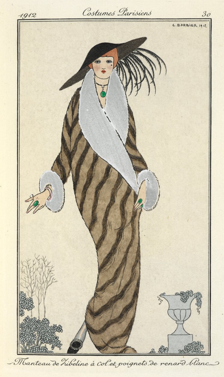 "Libeline frakke med hvid rævekrave og manchetter." af Georges Barbier