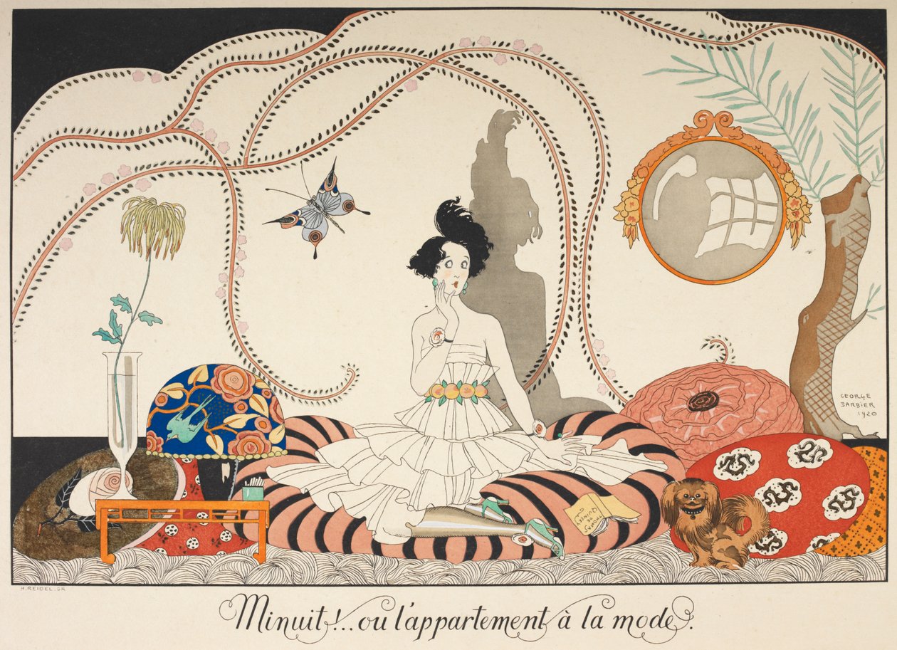Midnat! .. eller den trendy lejlighed. En kvinde, der sidder blandt mange puder. Hendes hund med hende. af Georges Barbier