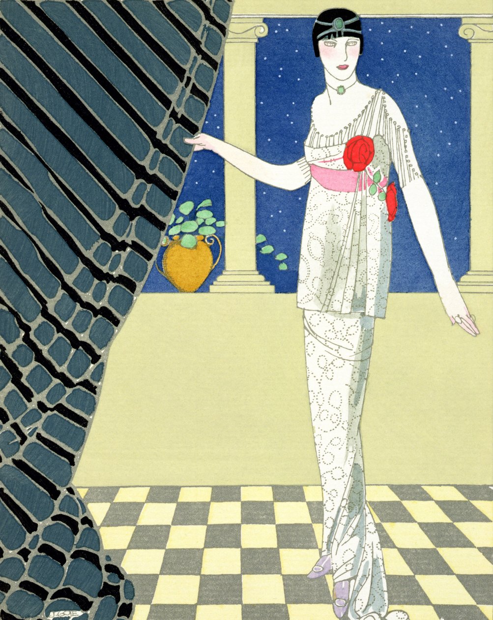 My Guests are not Arrived, illustration af en kvinde i en kjole fra Redfern (pochoir print) af Georges Barbier