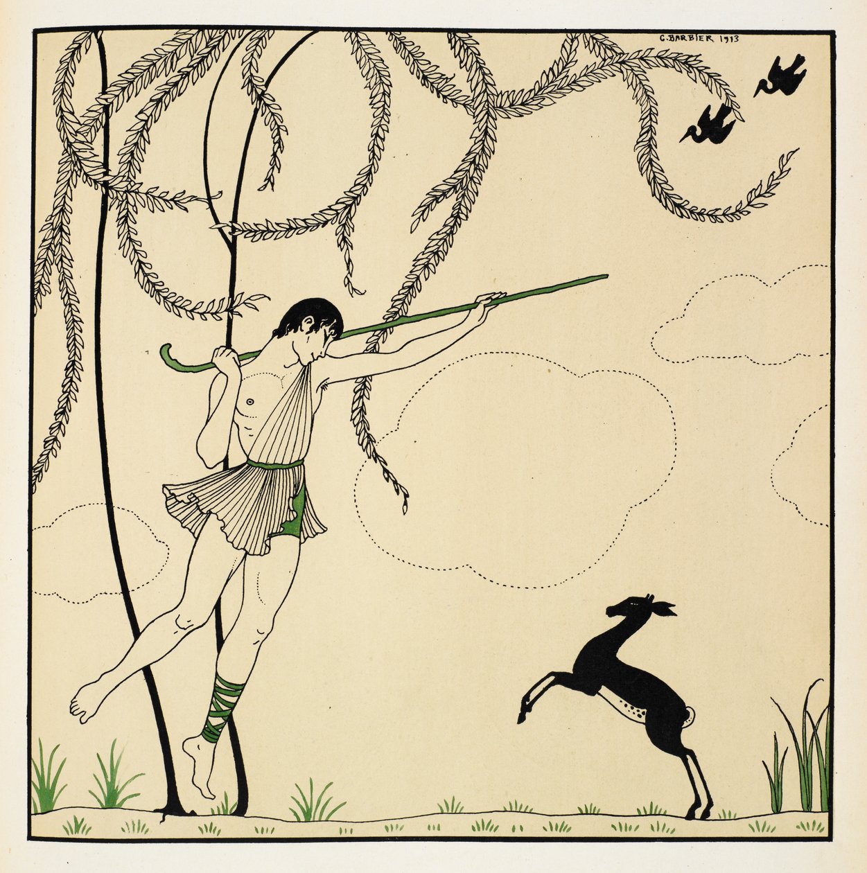"Narcisse". Scene fra Narcisse, en klassisk ballet opført i én akt. Narcisse havde premiere i 1911 i Monte Carlo. Drengen er i luften og danser, bærer på en hyrdeskurk, et lam står på bagbenene. af Georges Barbier