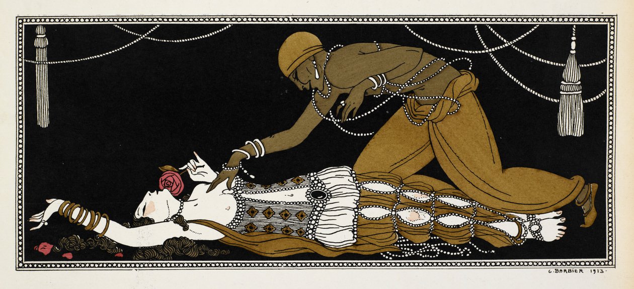 Nijinsky som den gyldne slave i Sheherazade, en symfonisk suite komponeret af Nikolai Rimsky-Korsakov i 1888. Sheherazade er her på sit dødsleje, den gyldne slave lænet over hende af Georges Barbier