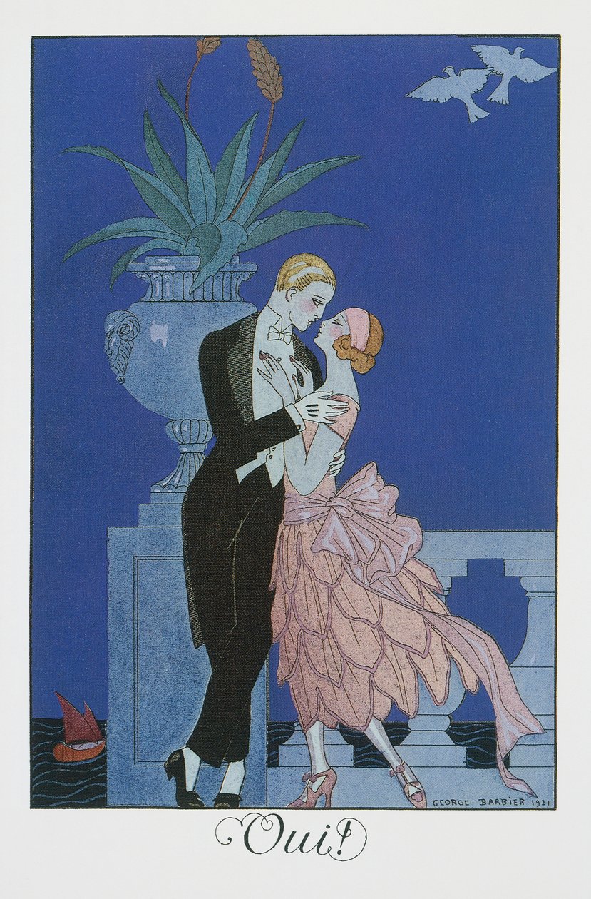 Ja, to unge forlovede i aftenkjole, litografi af George Barbier (1882-1932), fra Falbalas et Fanfreluches, Almanach des Modes Presentes, Passees et Futures af Georges Barbier