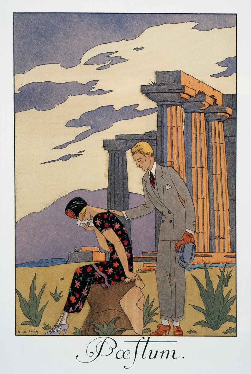 Paestum, litografi af George Barbier (1882-1932), fra Falbalas et Fanfreluches, Almanach des Modes Presentes, Passees et Futures af Georges Barbier