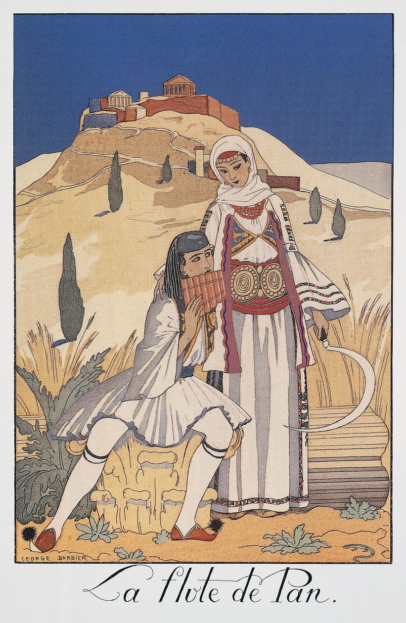 Panfløjtespiller forestiller traditionelle græske kostumer af Georges Barbier