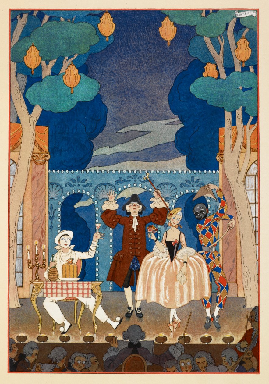 Pantomime. Pjerrot og Harlekin. En mand og en smuk kvinde. Alt sammen på en scene. af Georges Barbier