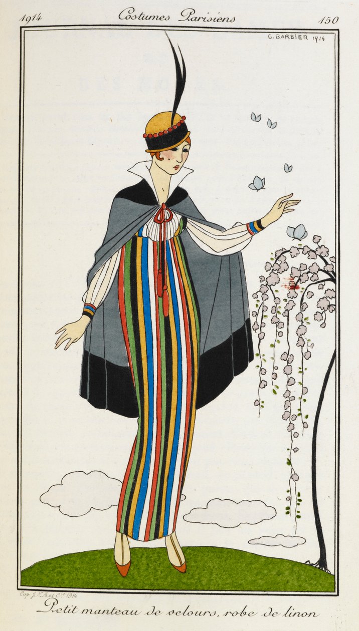 Petit manteau de velours, robe af linon. Kvinde iført en lille fløjlskappe, med en stribet hørkjole, orange t-bar-sko og en hat trimmet med sort og rød. Kostumer Parisiens. af Georges Barbier