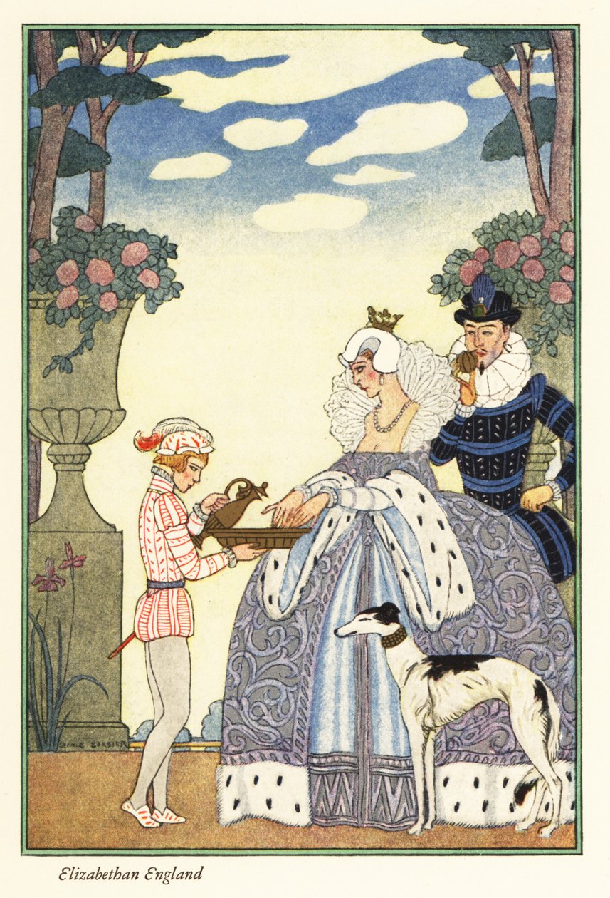 Dronning Elizabeth vasker sine hænder i en skål, som hendes page boy holder. 1928 (tryk) af Georges Barbier
