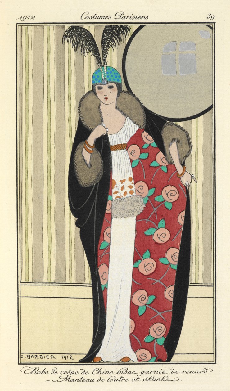 "Hvid crepe de chine kjole trimmet med ræv. Otter frakke og stinkdyr," af Georges Barbier