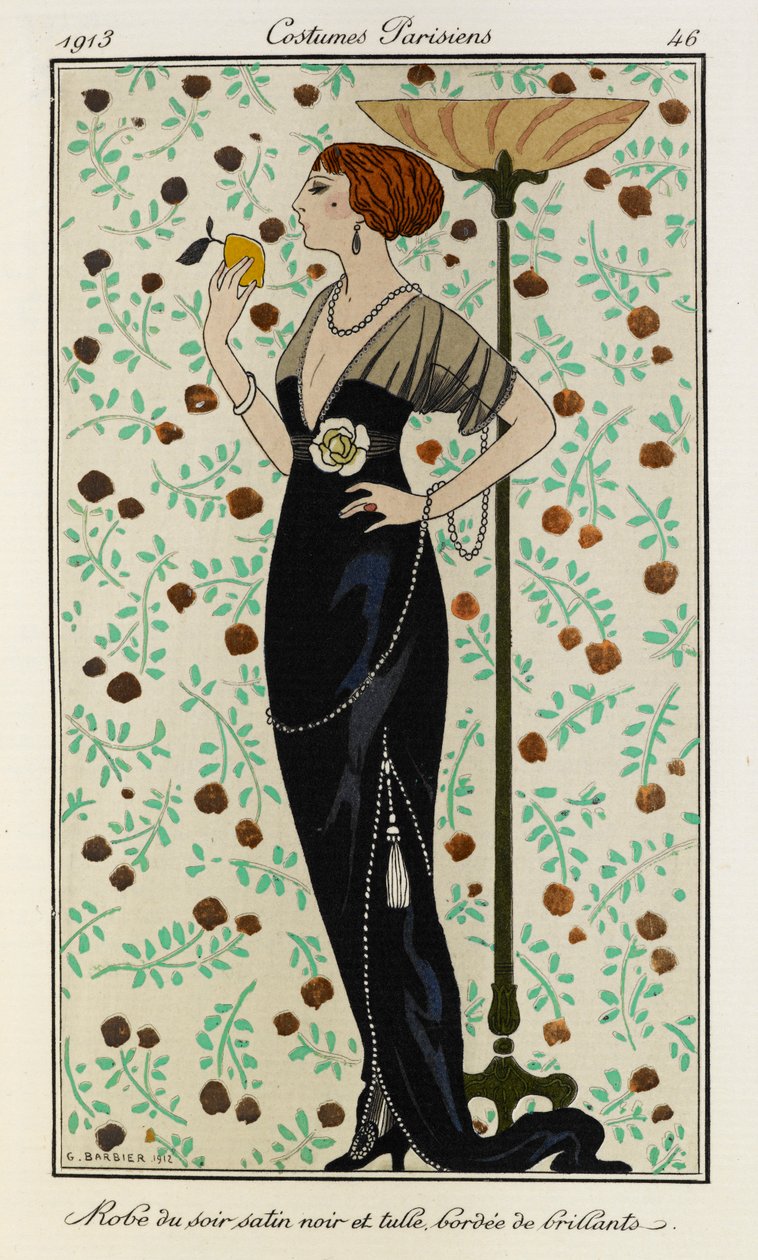 Robe du soir satin noir et tyl bordée de brillants. Kostumer Parisiens nr.46. Kvinden er iført en sort satin aftenkjole, foret med diamanter, og har en hvid blomst på linningen. Hun har også en diamanthalskæde på. af Georges Barbier