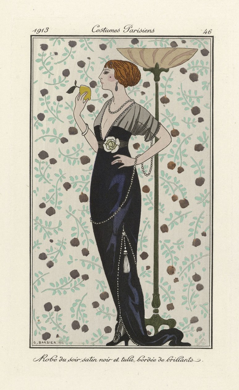 Sort satin og tyl aftenkjole kantet med brillanter, fra Costumes Parisien, pub.1913 (stencil print) af Georges Barbier