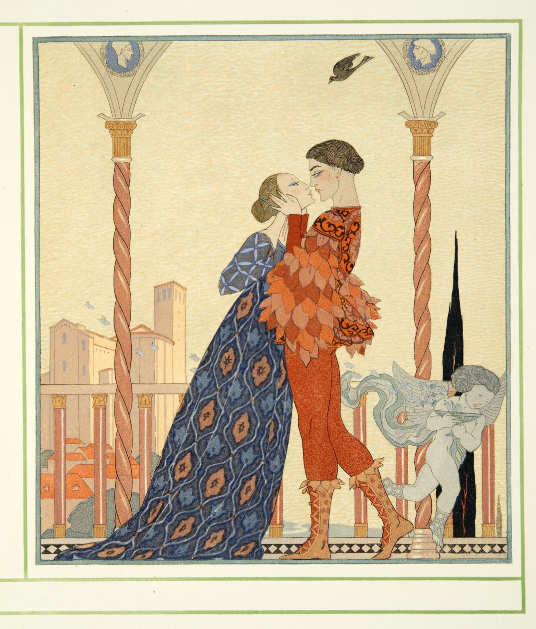 Romeo og Julie fra Personages de Comedie, pub. 1922 (stenciltryk) af Georges Barbier