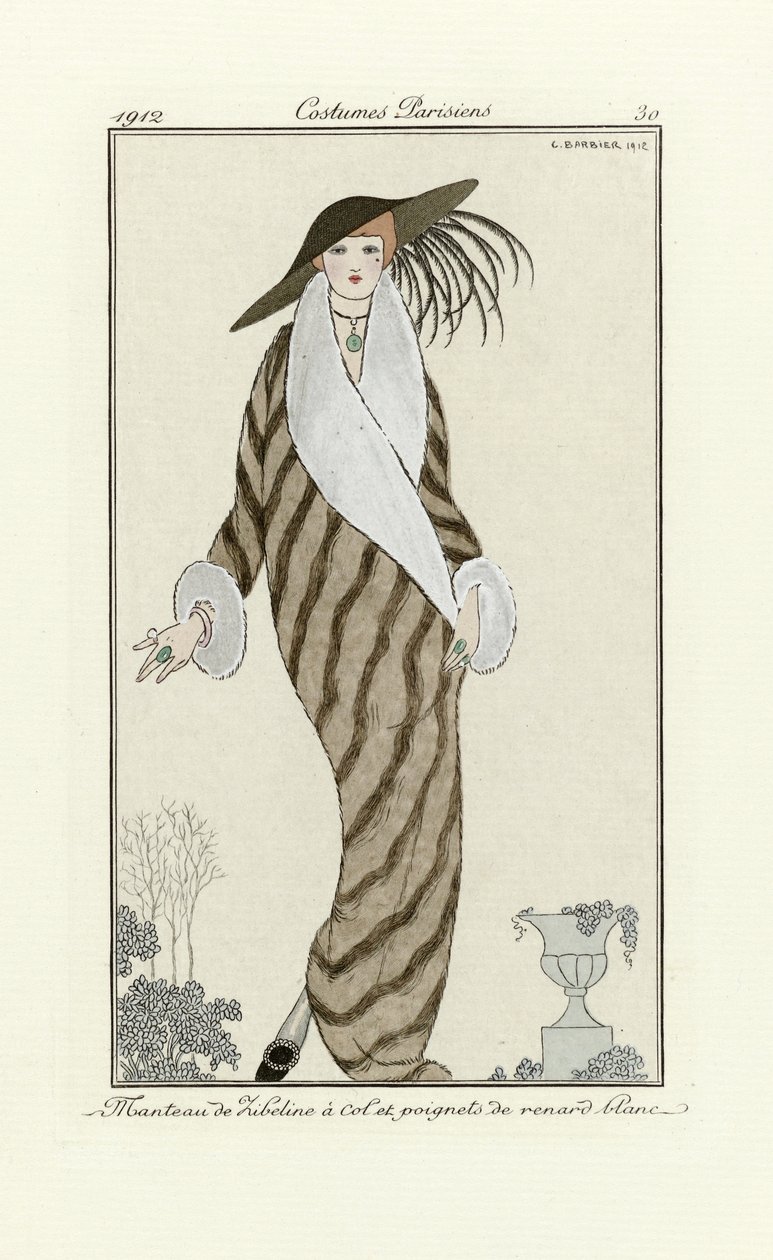 Sable Coat with White Fox Trim, fra Costumes Parisien, pub.1912 (pochoir print) af Georges Barbier
