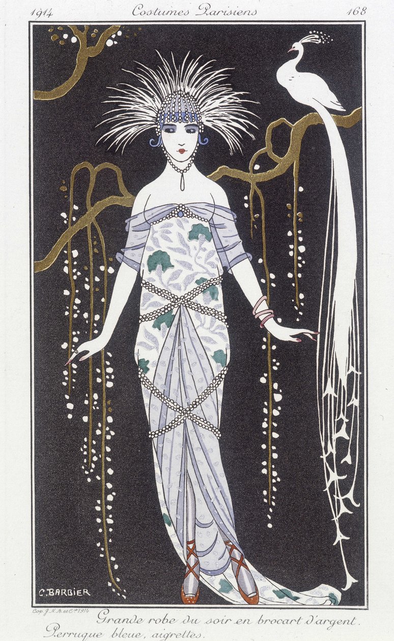 Sølvbrokade aftenkjole og paryk - Illustration af George Barbier (1882-1932). i "" Journal des dames et des modes: Costumes Parisiens"" af Georges Barbier
