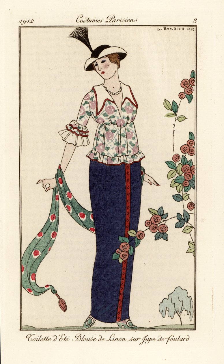 Sommeroutfit med blomstret hørbluse og tørklædeskørt. Sommertoilet, plænebluse over tørklædeskørt. Håndfarvet pochoir (stencil) radering efter en illustration af George Barbier fra Tommaso Antonginis Journal des Dames et des Modes, Aux Burea af Georges Barbier