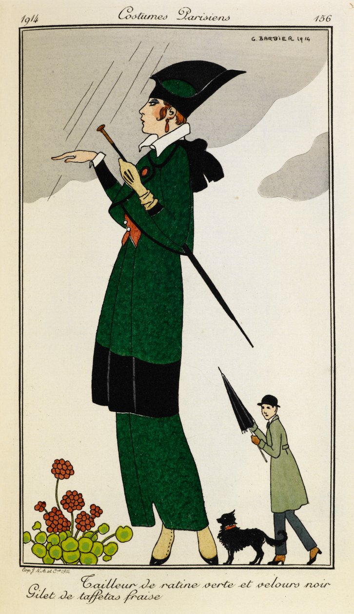 Tailleur de ratine verte et velours noir. Gilet de taffetas fraise. Kvinde iført et skræddersyet outfit af grøn og sort silke, med en strawberry silkevest. Person i en trenchcoat med en paraply og en hund i baggrunden. Kostumer Parisiens. af Georges Barbier