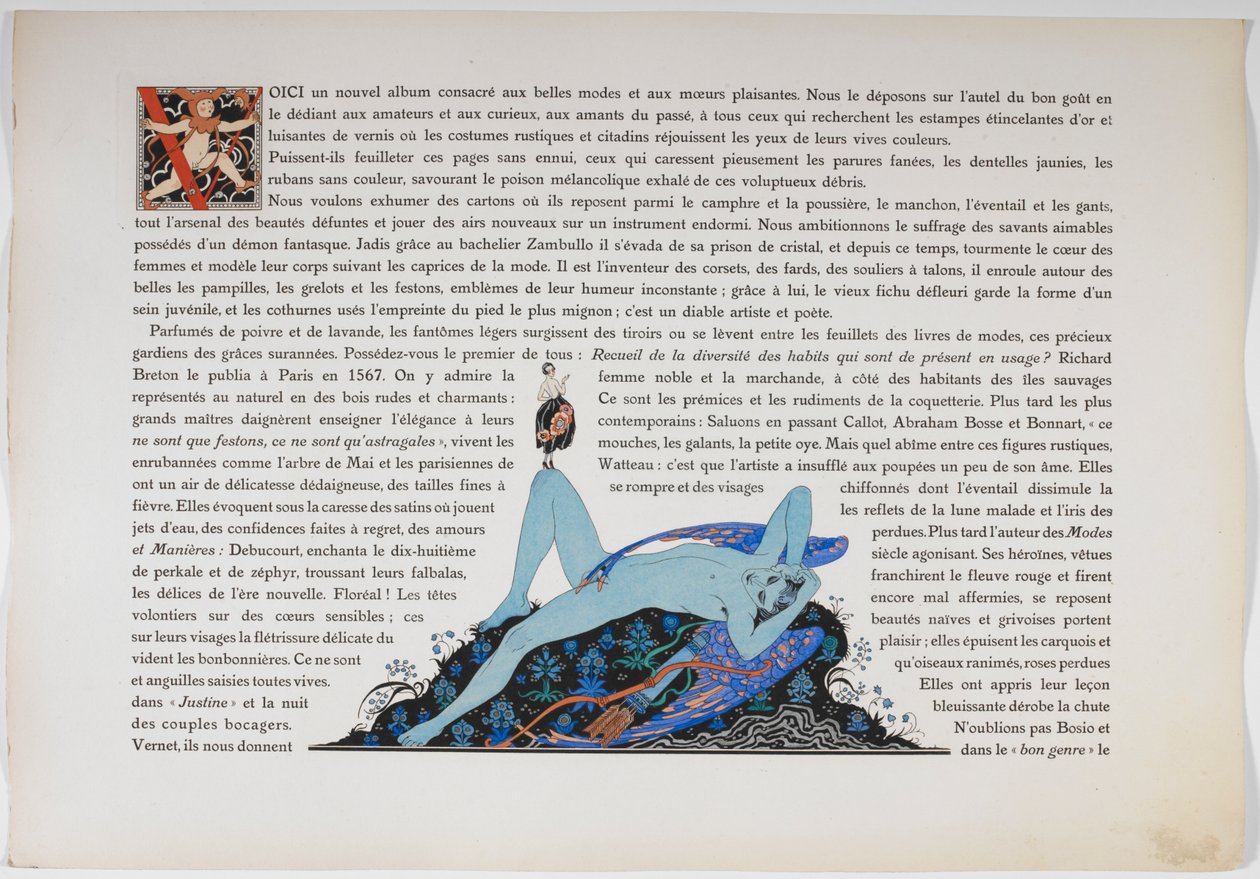 Tekst og en nøgen figur, farvet blå. af Georges Barbier