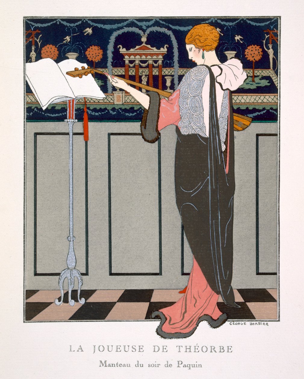Theorbo Player, designet til en aftenfrakke fra Paquin af Georges Barbier