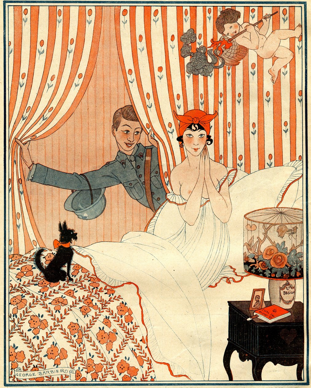 Den uplanlagte tilbagevenden... Eller vækkeuret - illustration fra la Vie Parisienne af Georges Barbier