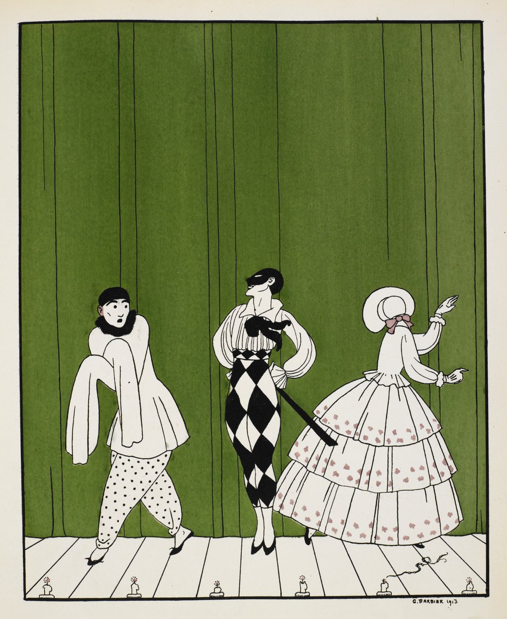 Tre karakterer fra 1910-balletten, Carnaval, komponeret af Robert Schumann. Til venstre ses en mimekunstner. I midten står en mand, klædt i en hvid skjorte med sort slips og ternede bukser, iført maske. Til højre er en dame, der vender bagud af Georges Barbier