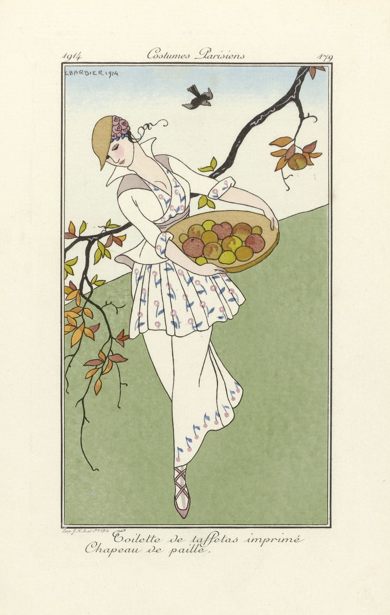 Trykt taft toilet, stråhat, fra Costume Parisiens, pub.1914 (stenciltryk) af Georges Barbier