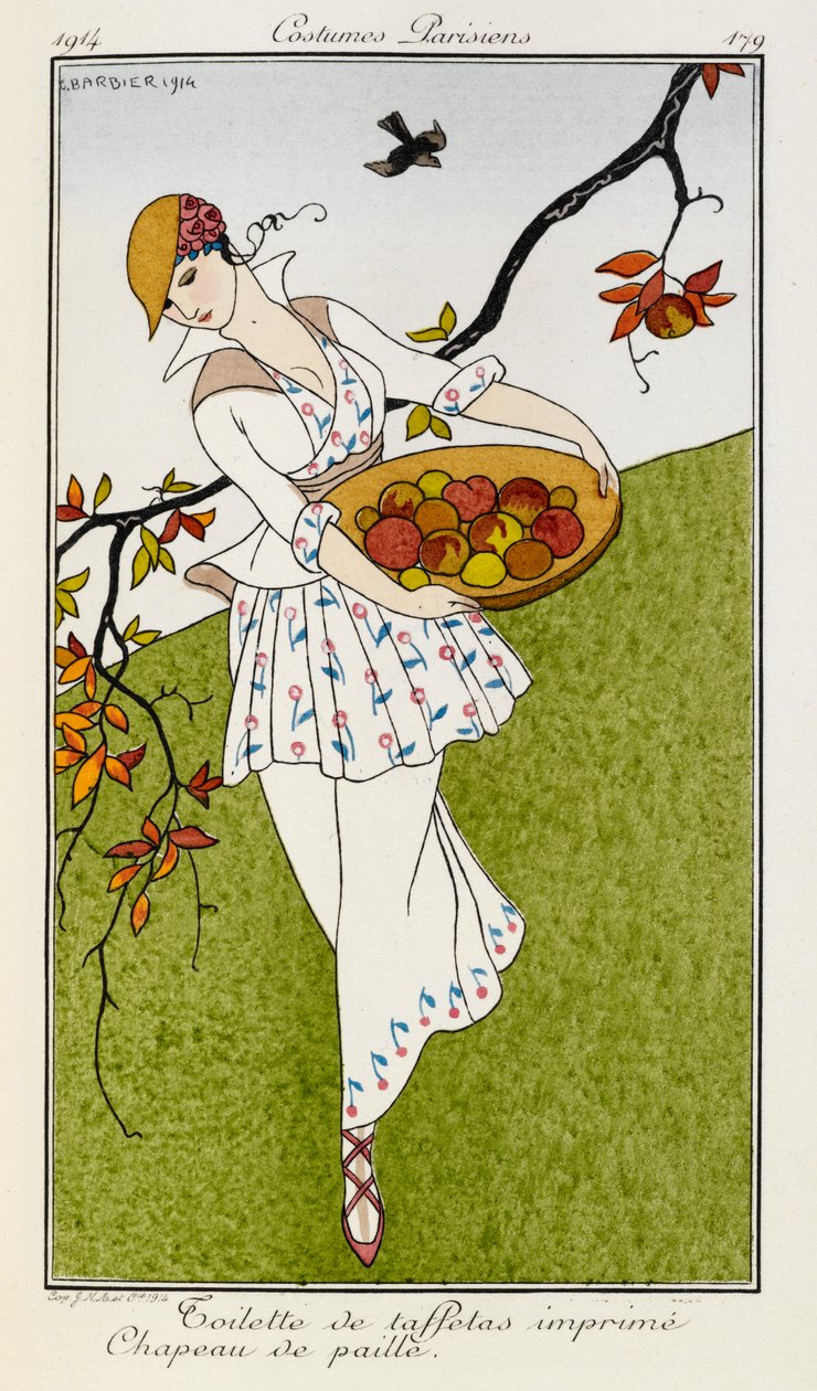 Toilette de taffetas imprime chapeau de paille. Kostumer Parisiens nr.179. En kvinde iført et silketrykt outfit og stråhat. Hun bærer en skål med frugt. af Georges Barbier