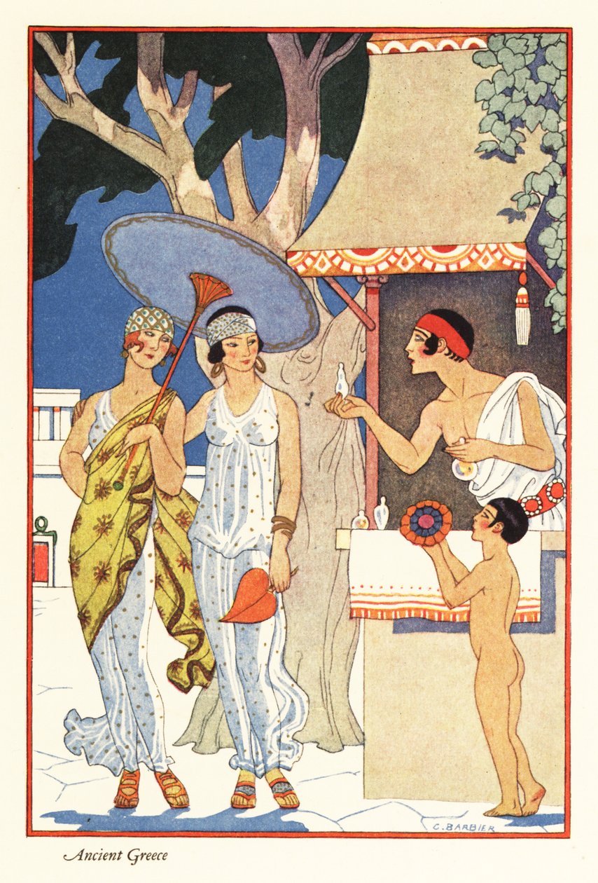 To kvinder handler på en parfumesælgers stand i det antikke Grækenland 1928 (tryk) af Georges Barbier