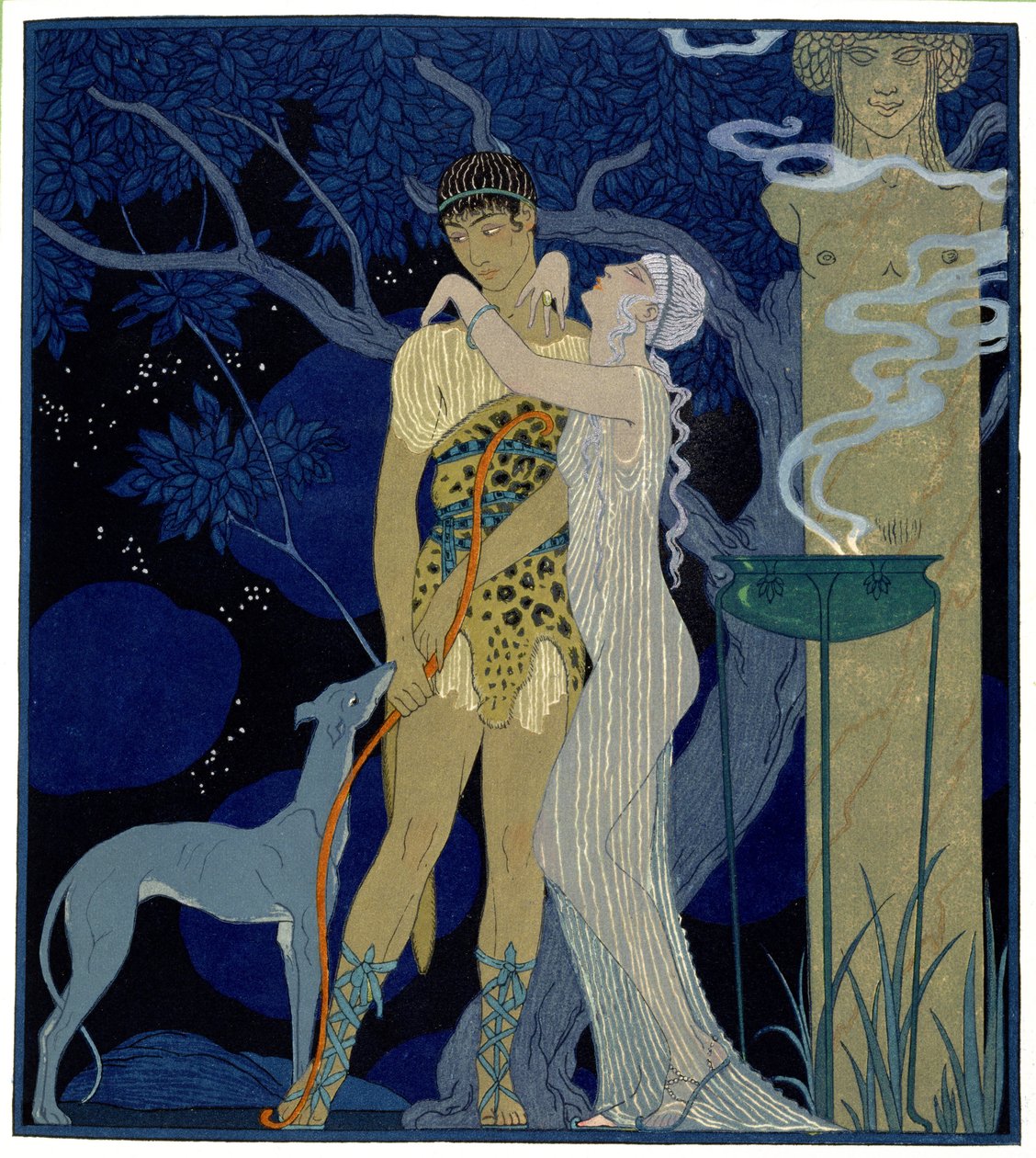 Venus og Adonis (farve litho) af Georges Barbier