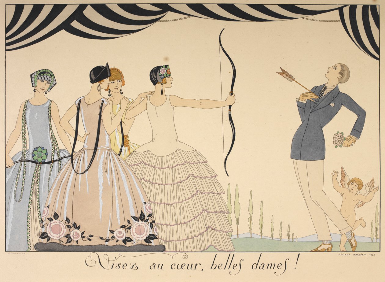 Visez au coeur, belles dames. Sigt efter hjertet damer. En kvinde skyder en mand i hjertet med en pil. af Georges Barbier