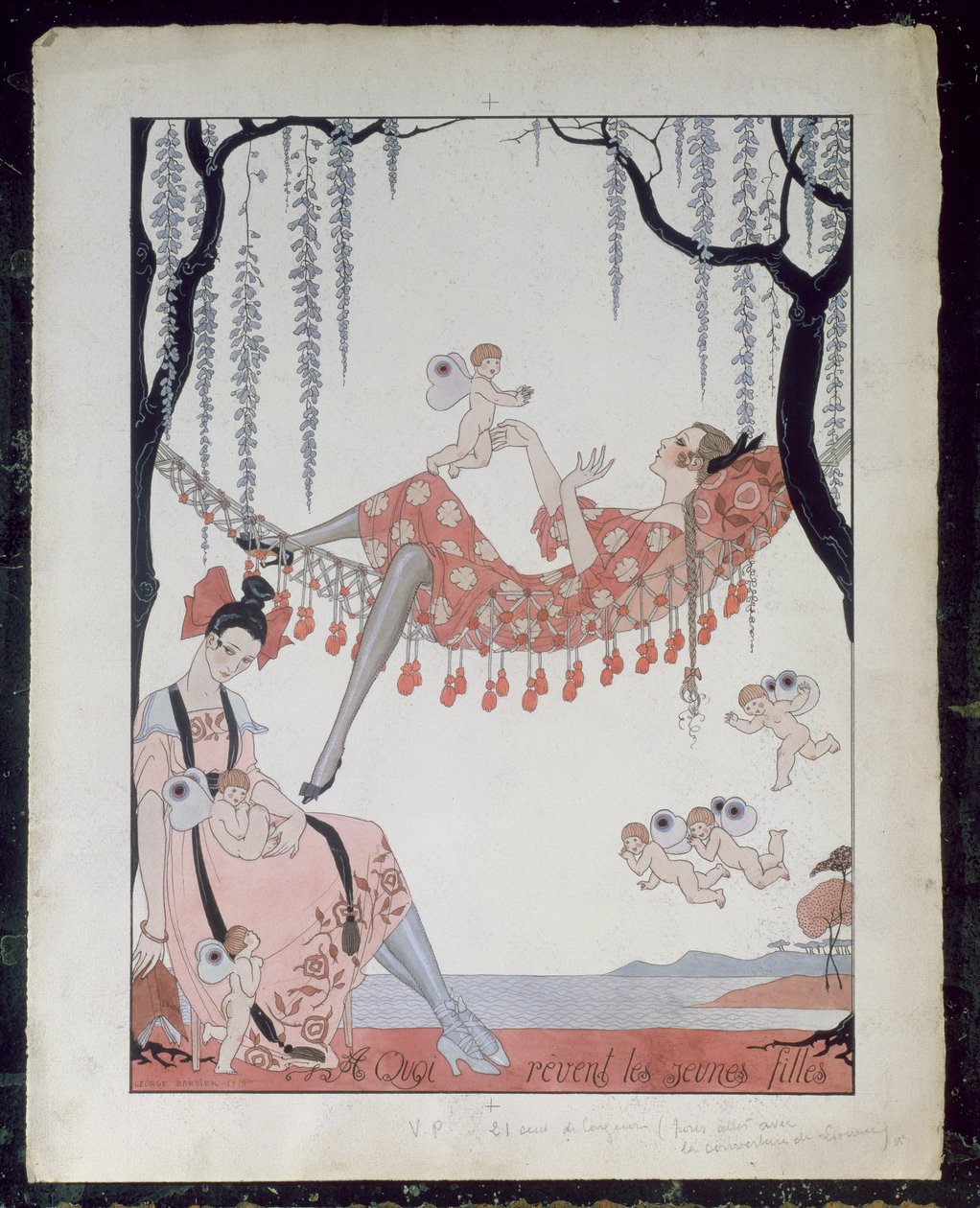 Hvad drømmer unge kvinder om? 1918 (pen, blæk og akvarel på papir) af Georges Barbier