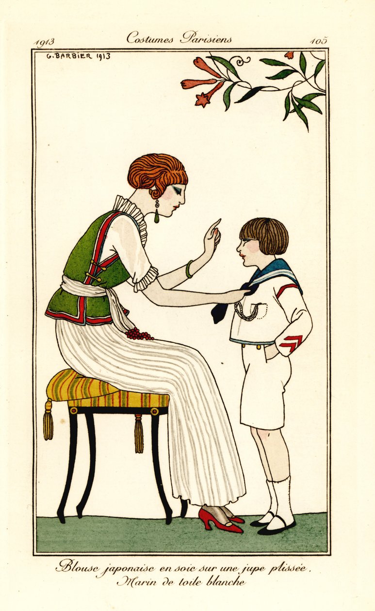 Kvinde i japansk silkebluse og lang plisseret nederdel af Georges Barbier