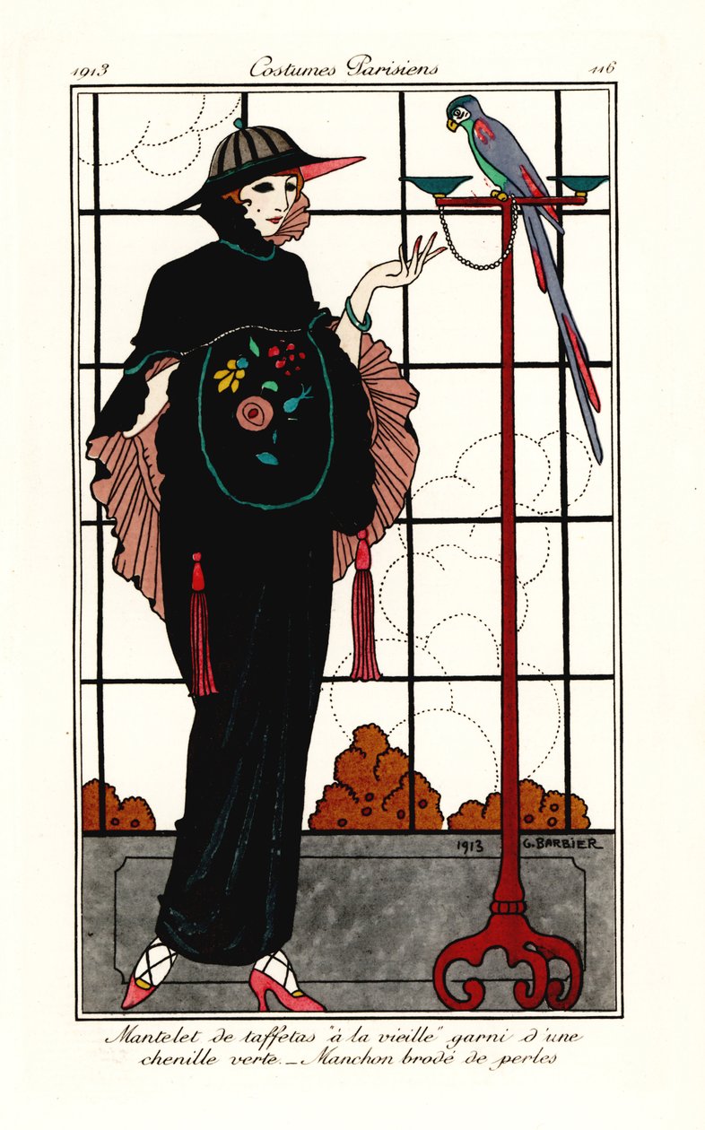 Kvinde i en gammel taft-kappe med en papegøje af Georges Barbier