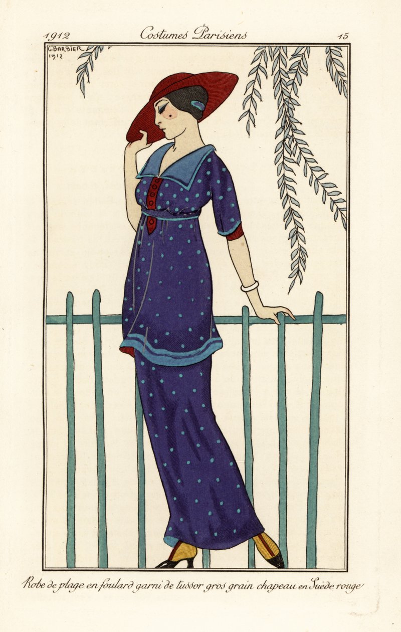 Kvinde i strandkjole af foulard dekoreret med store prikker, rød ruskindshat. Robe de plage en foulard garni de tussor gros grain, chapeau en ruskind rouge. Håndfarvet pochoir (stencil) radering efter en illustration af George Barbier fra Tommaso Antongini af Georges Barbier