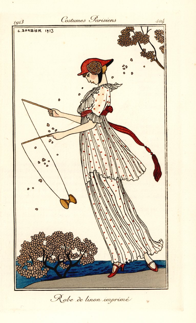 Kvinde i kjole af trykt linned, der spiller diabolo af Georges Barbier